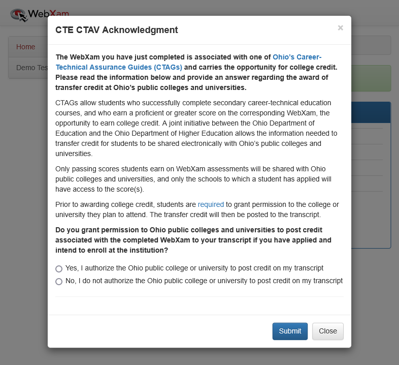 Image of student acknowledgement survey to allow credit to be shown on transcripts.